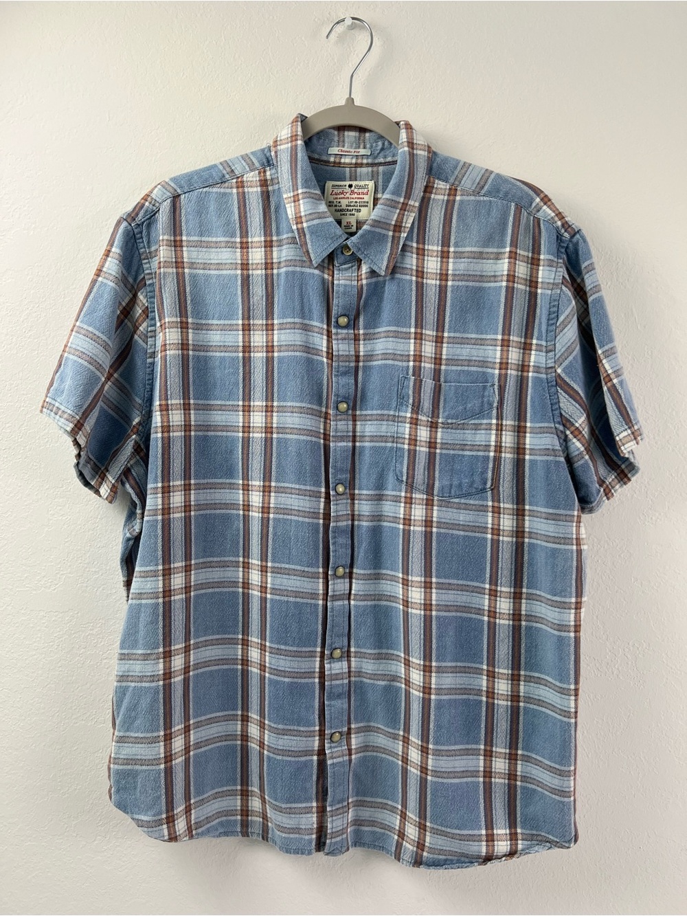 Lucky Brand Classic Fit Blue Plaid Short Sleeve Summer BBQ Vacation Button Down